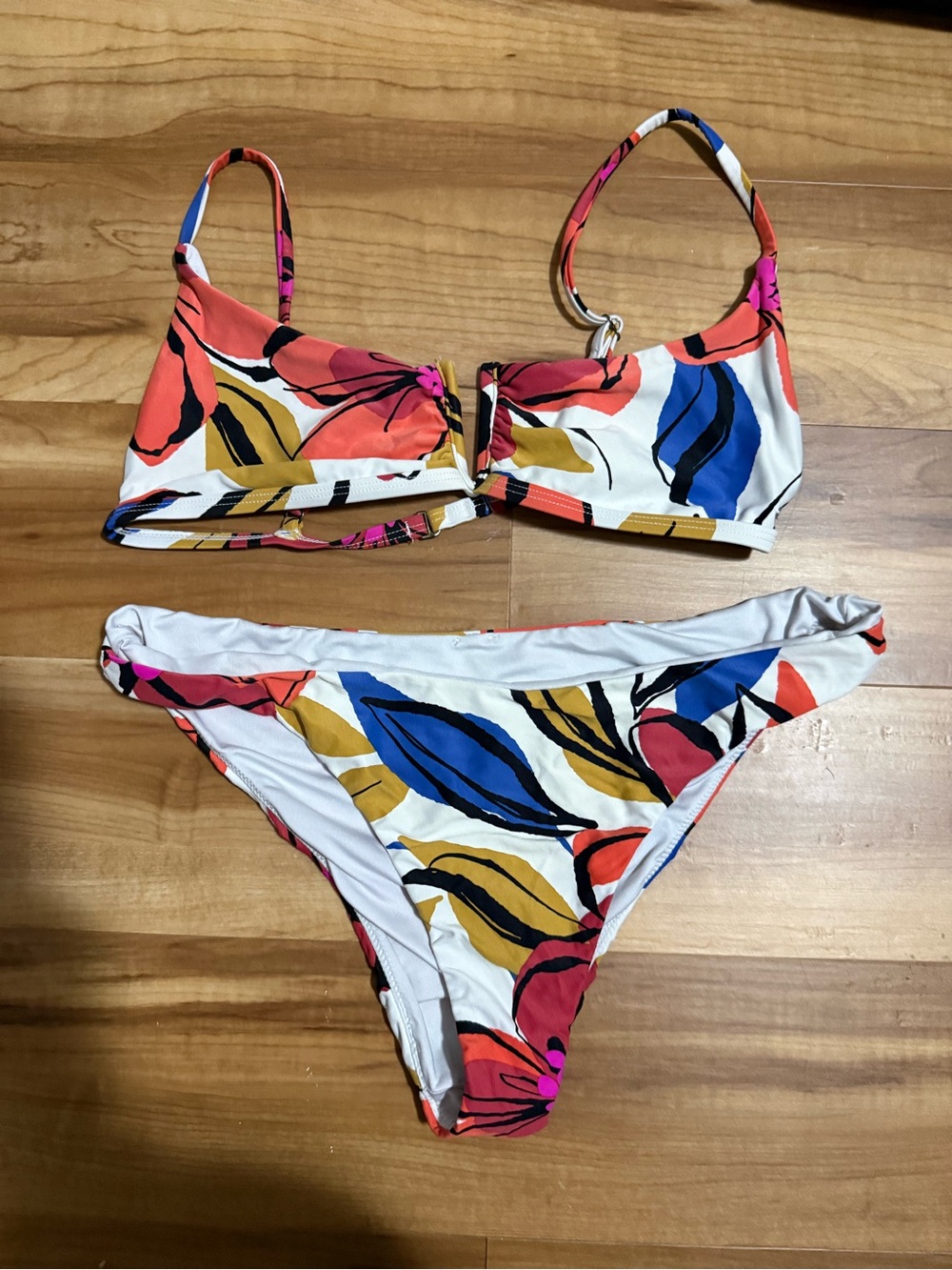O’Neill Women’s White Floral Print Bikini Set with Blue, Coral & Mustard Accents